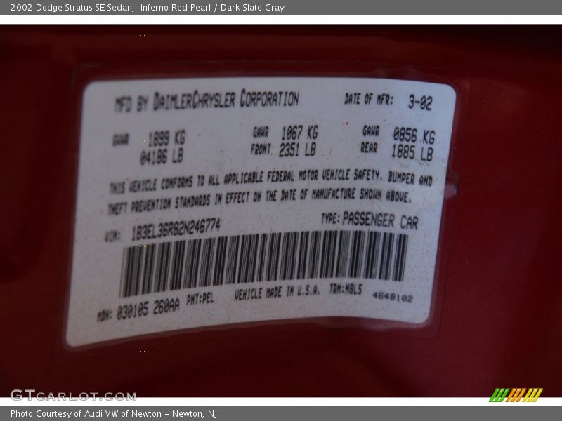 Inferno Red Pearl / Dark Slate Gray 2002 Dodge Stratus SE Sedan