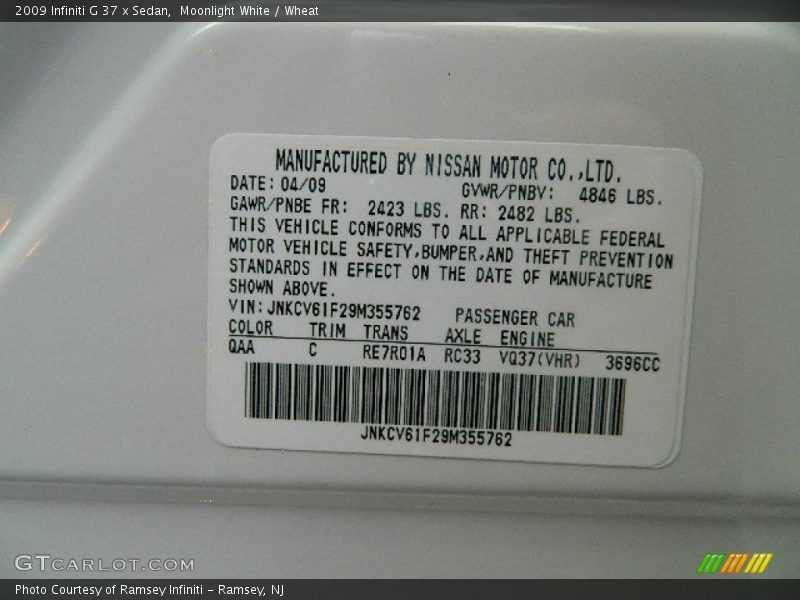 Moonlight White / Wheat 2009 Infiniti G 37 x Sedan