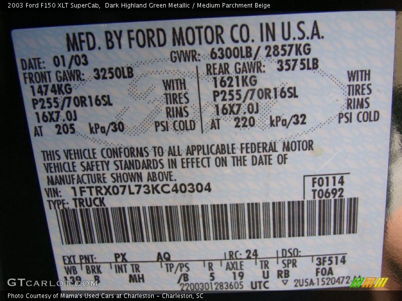 2003 F150 XLT SuperCab Dark Highland Green Metallic Color Code PX