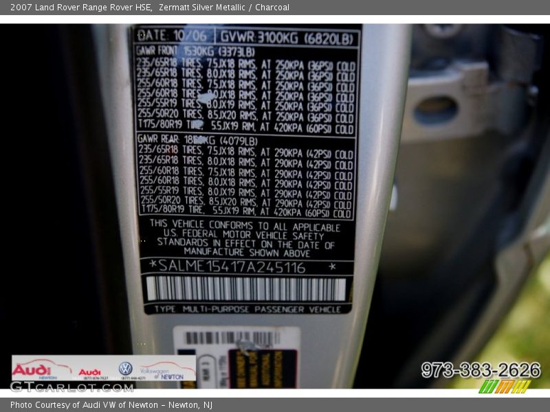 Zermatt Silver Metallic / Charcoal 2007 Land Rover Range Rover HSE