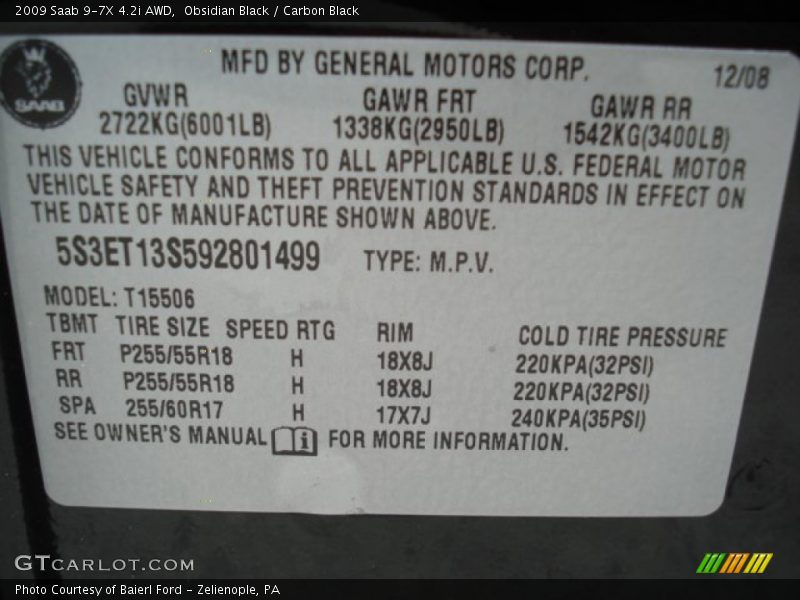 Obsidian Black / Carbon Black 2009 Saab 9-7X 4.2i AWD