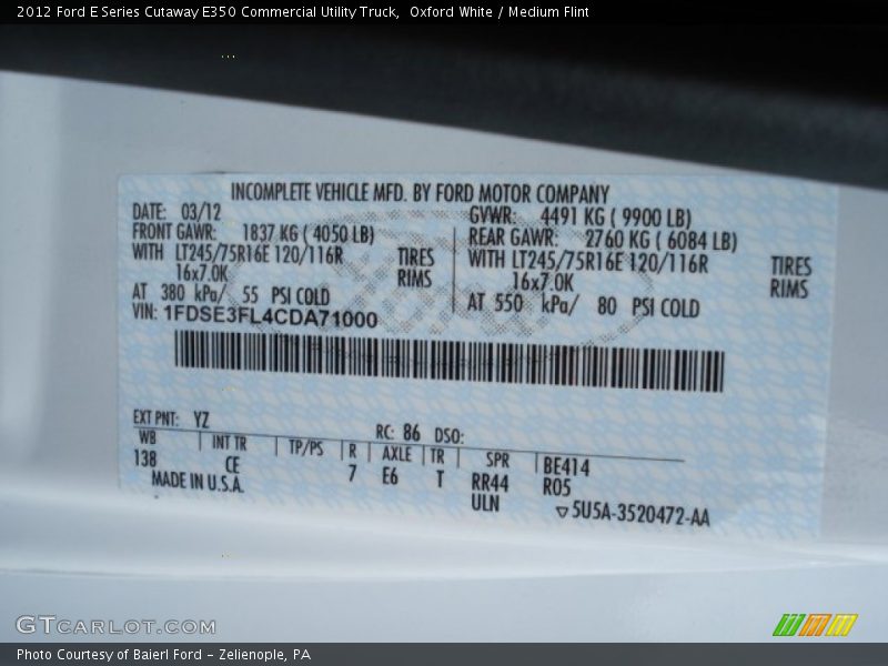 Oxford White / Medium Flint 2012 Ford E Series Cutaway E350 Commercial Utility Truck