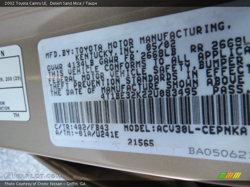 Desert Sand Mica / Taupe 2002 Toyota Camry LE