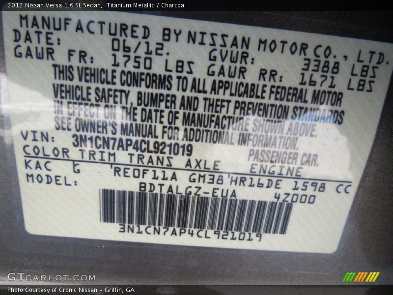 Titanium Metallic / Charcoal 2012 Nissan Versa 1.6 SL Sedan