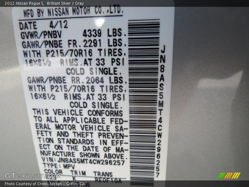 Brilliant Silver / Gray 2012 Nissan Rogue S