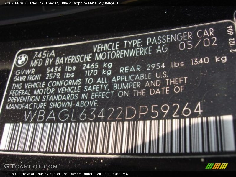 Black Sapphire Metallic / Beige III 2002 BMW 7 Series 745i Sedan