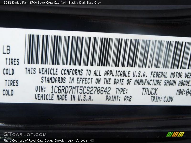 2012 Ram 1500 Sport Crew Cab 4x4 Black Color Code PX8