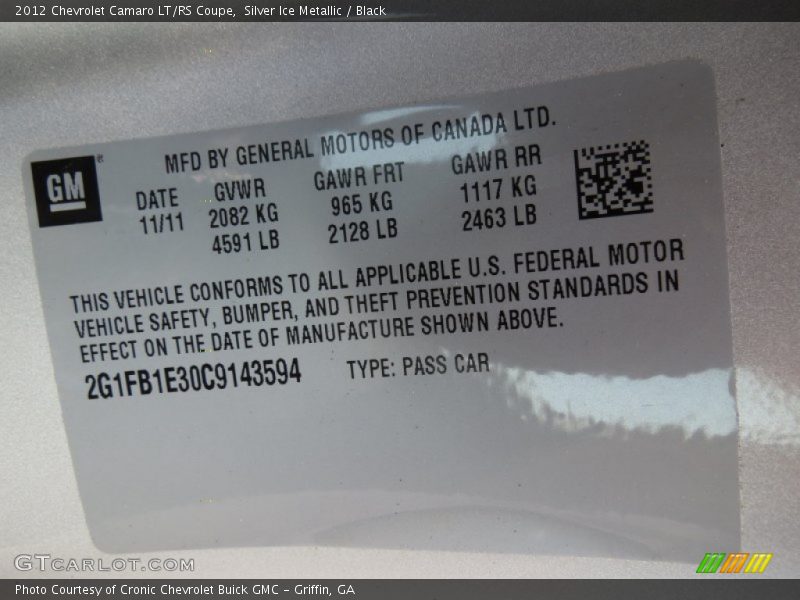 Silver Ice Metallic / Black 2012 Chevrolet Camaro LT/RS Coupe