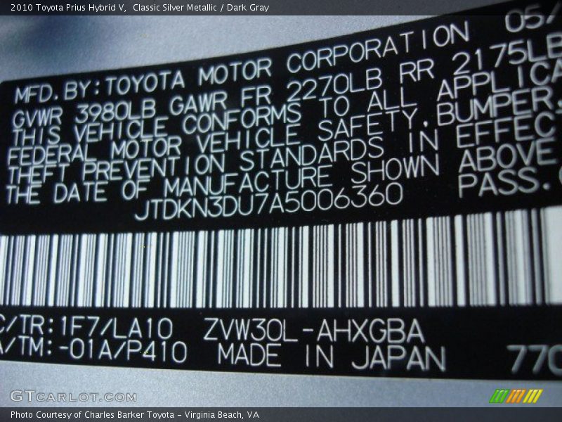 2010 Prius Hybrid V Classic Silver Metallic Color Code 1F7