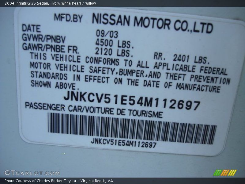 Ivory White Pearl / Willow 2004 Infiniti G 35 Sedan