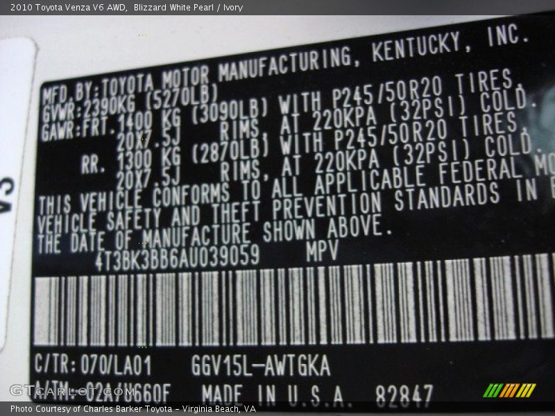 Blizzard White Pearl / Ivory 2010 Toyota Venza V6 AWD
