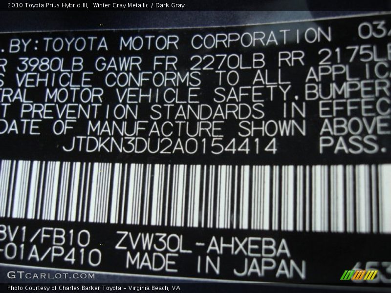 Winter Gray Metallic / Dark Gray 2010 Toyota Prius Hybrid III