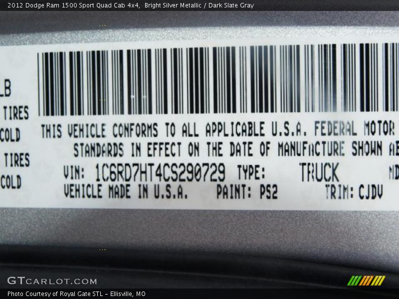 2012 Ram 1500 Sport Quad Cab 4x4 Bright Silver Metallic Color Code PS2
