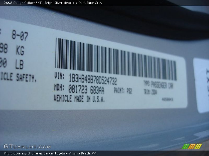 Bright Silver Metallic / Dark Slate Gray 2008 Dodge Caliber SXT