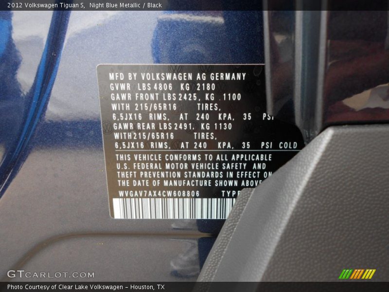 Night Blue Metallic / Black 2012 Volkswagen Tiguan S