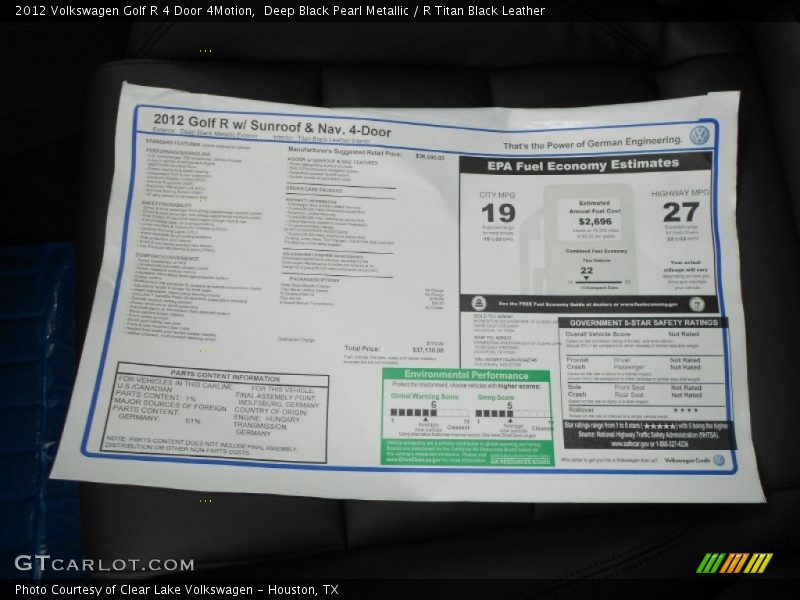  2012 Golf R 4 Door 4Motion Window Sticker