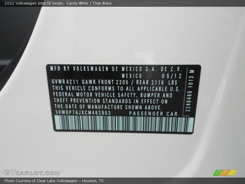 Candy White / Titan Black 2012 Volkswagen Jetta SE Sedan