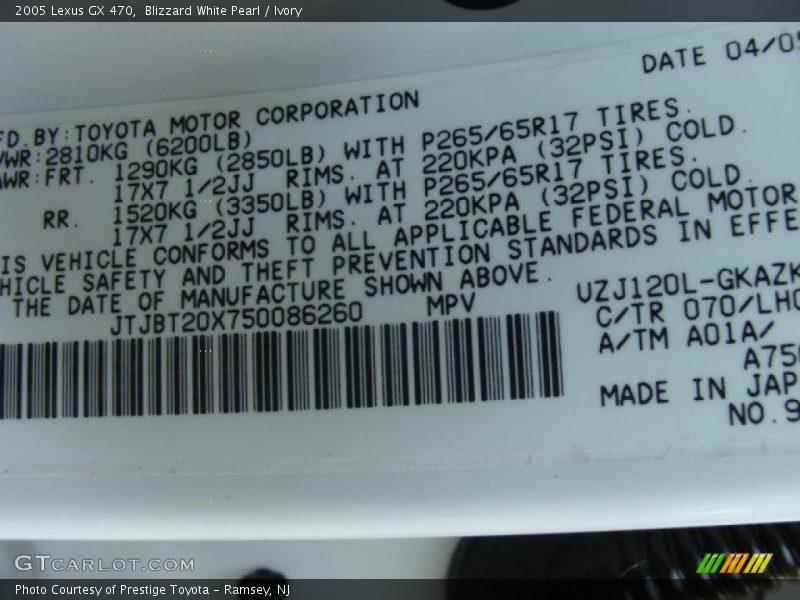 Blizzard White Pearl / Ivory 2005 Lexus GX 470