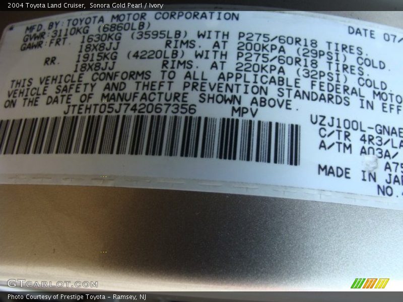 Sonora Gold Pearl / Ivory 2004 Toyota Land Cruiser