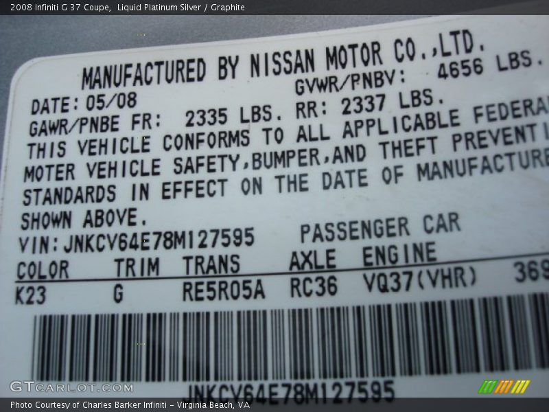 Liquid Platinum Silver / Graphite 2008 Infiniti G 37 Coupe