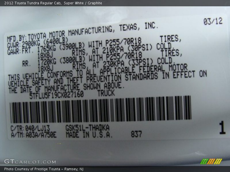 Super White / Graphite 2012 Toyota Tundra Regular Cab