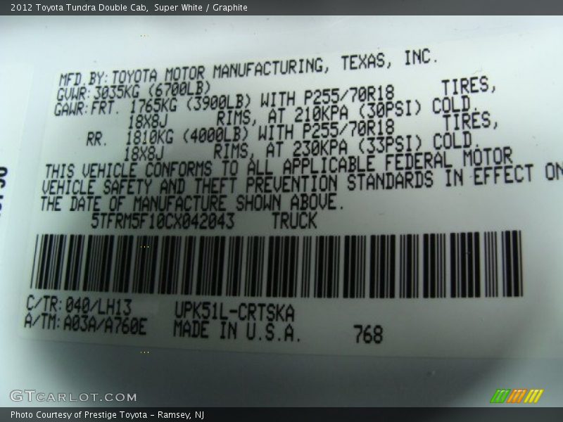 Super White / Graphite 2012 Toyota Tundra Double Cab