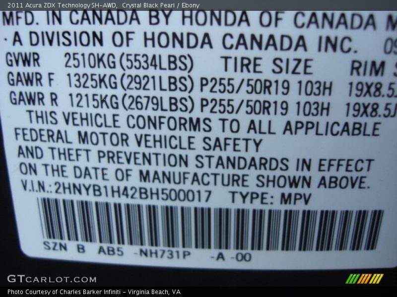 2011 ZDX Technology SH-AWD Crystal Black Pearl Color Code NH731P