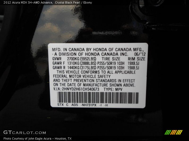 2012 MDX SH-AWD Advance Crystal Black Pearl Color Code NH731PX