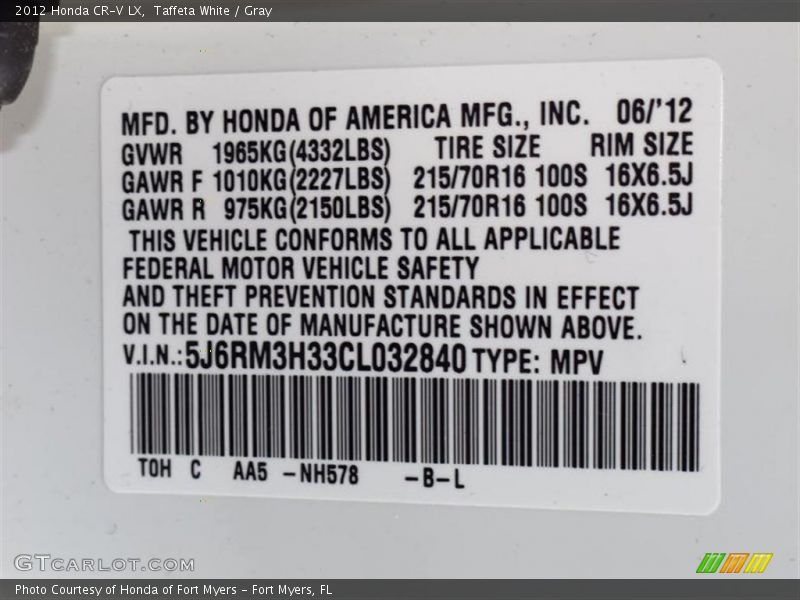 Taffeta White / Gray 2012 Honda CR-V LX