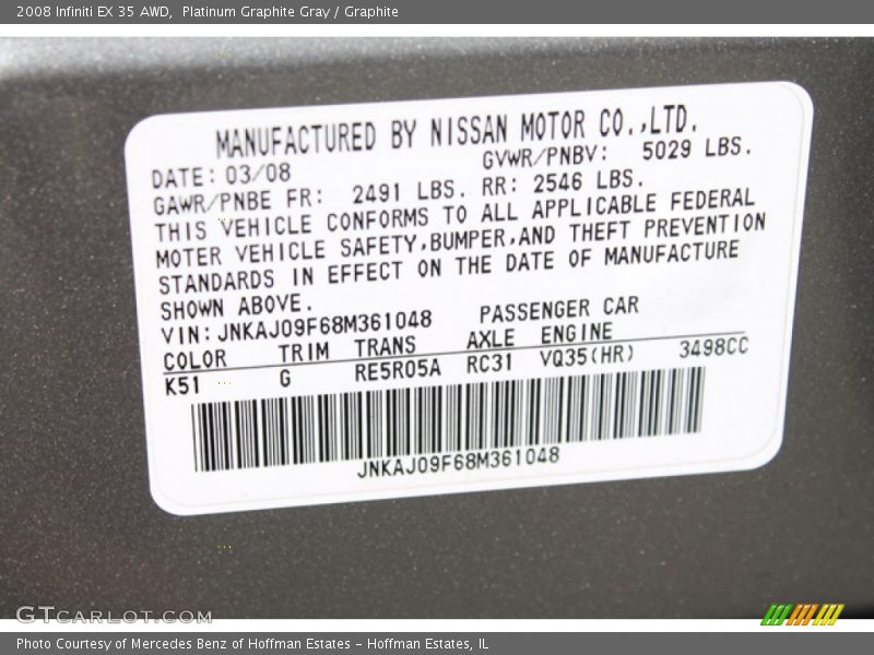2008 EX 35 AWD Platinum Graphite Gray Color Code K51