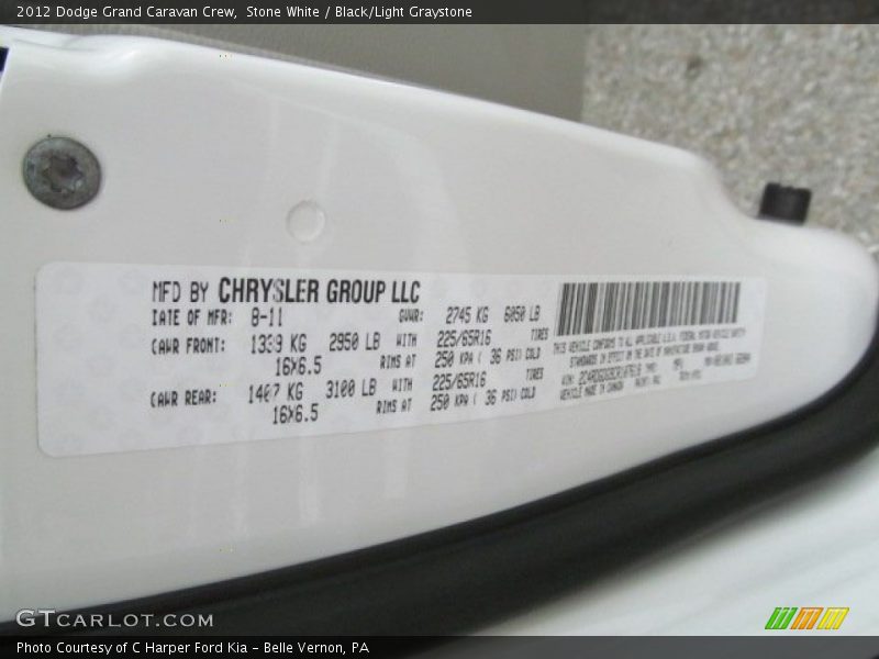 Stone White / Black/Light Graystone 2012 Dodge Grand Caravan Crew