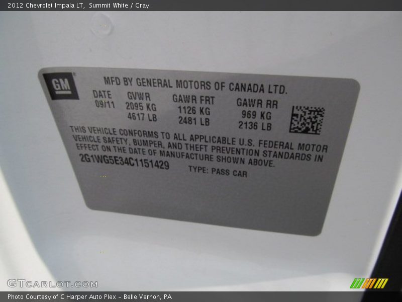 Summit White / Gray 2012 Chevrolet Impala LT
