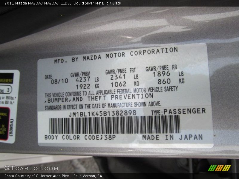 2011 MAZDA3 MAZDASPEED3 Liquid Silver Metallic Color Code 38P
