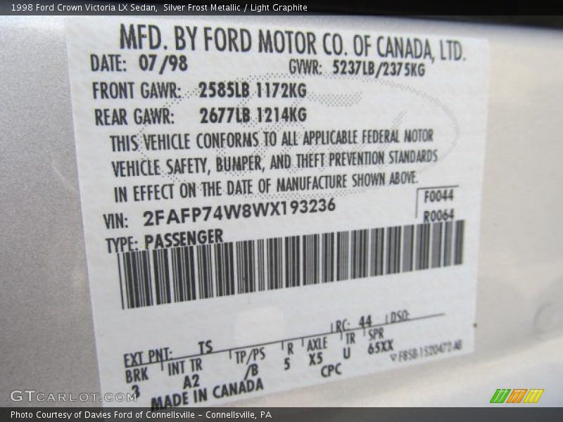 Silver Frost Metallic / Light Graphite 1998 Ford Crown Victoria LX Sedan