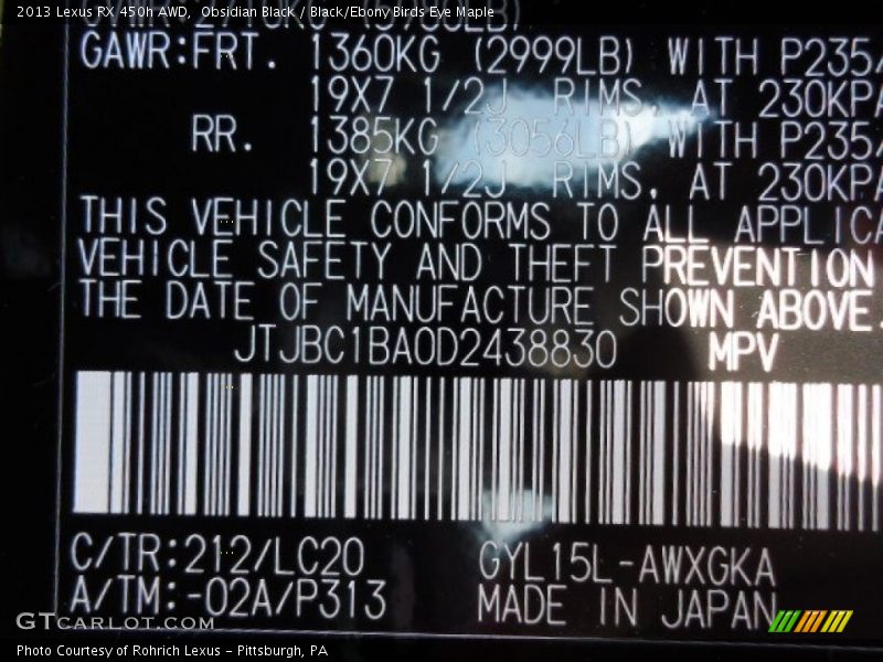 2013 RX 450h AWD Obsidian Black Color Code 212