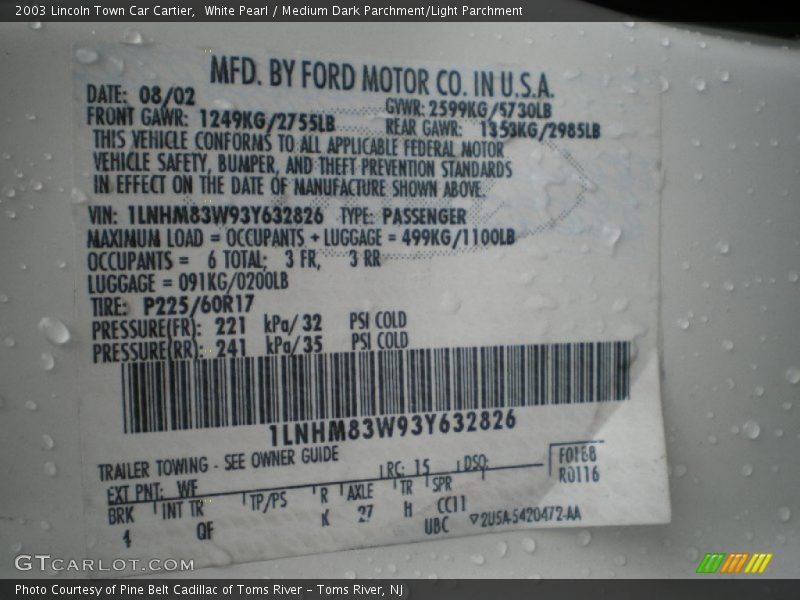 2003 Town Car Cartier White Pearl Color Code WF