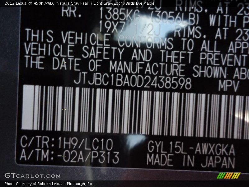 2013 RX 450h AWD Nebula Gray Pearl Color Code 1H9