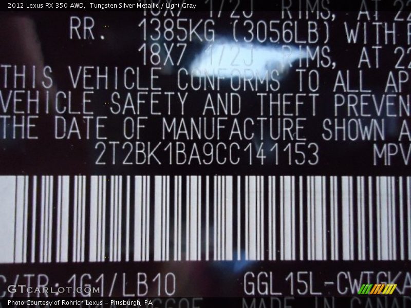 Tungsten Silver Metallic / Light Gray 2012 Lexus RX 350 AWD