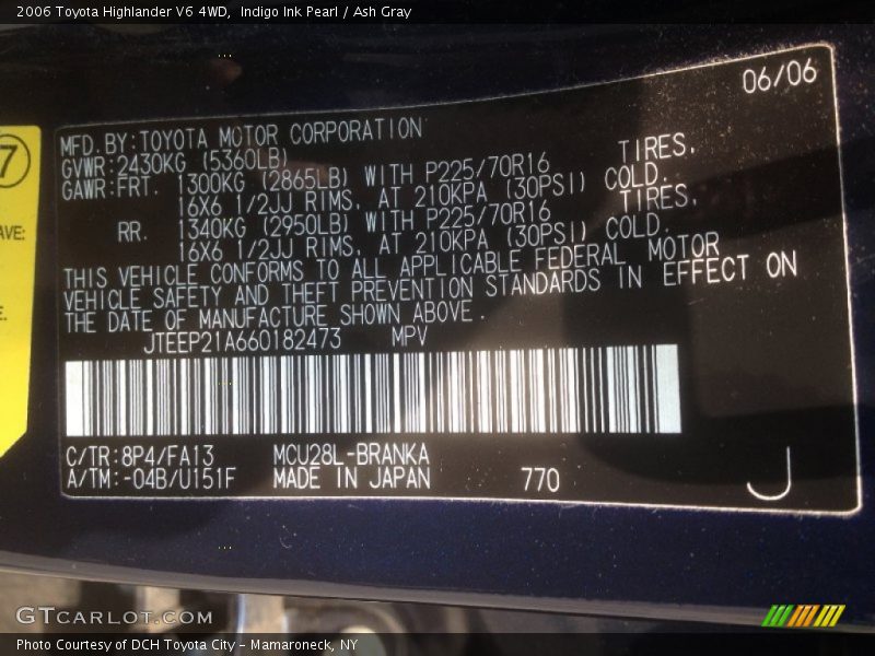 2006 Highlander V6 4WD Indigo Ink Pearl Color Code 8P4