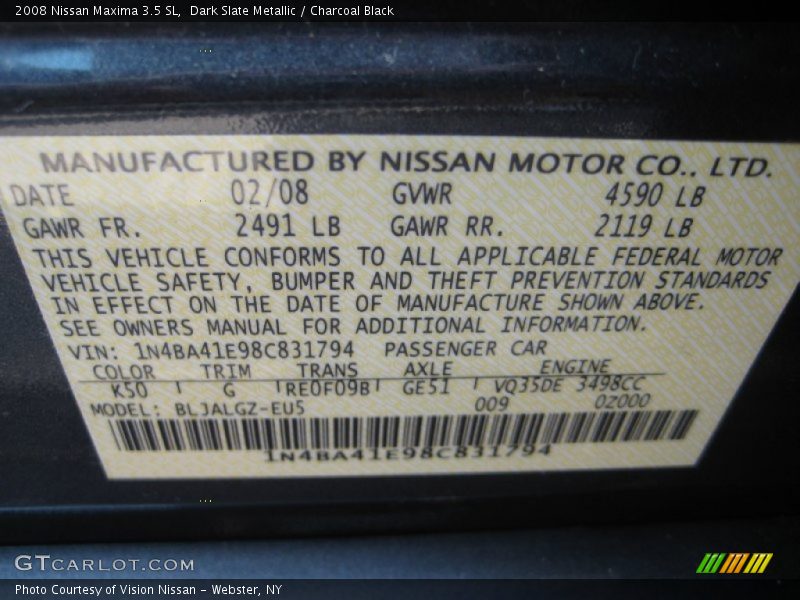Dark Slate Metallic / Charcoal Black 2008 Nissan Maxima 3.5 SL