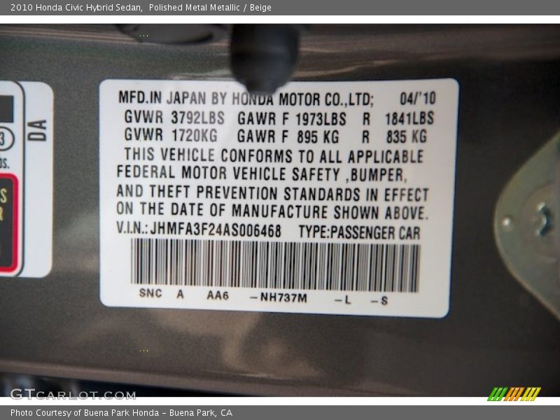 Polished Metal Metallic / Beige 2010 Honda Civic Hybrid Sedan
