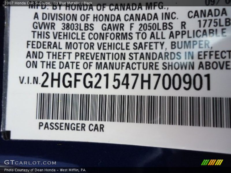 Fiji Blue Metallic / Black 2007 Honda Civic Si Coupe
