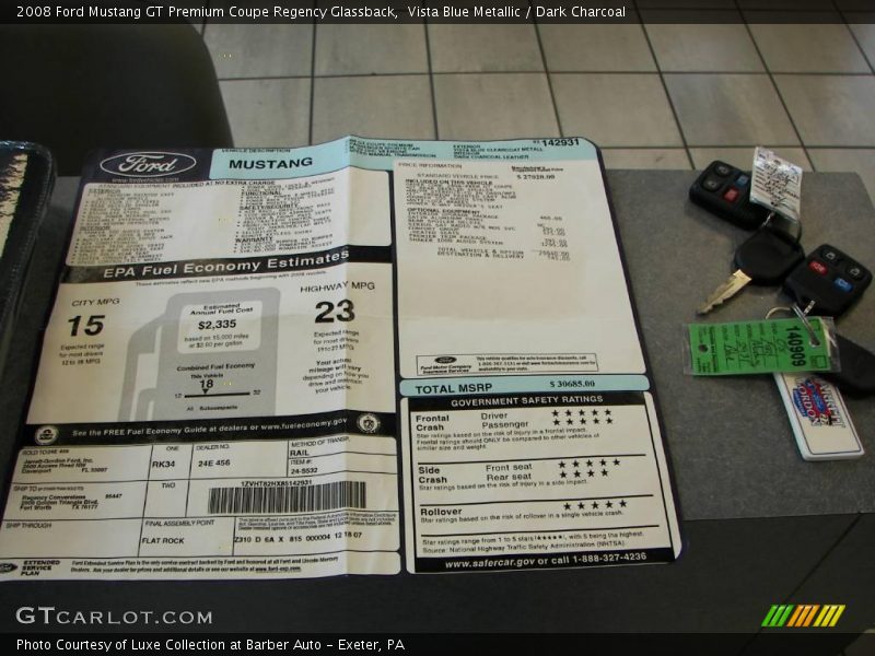 Vista Blue Metallic / Dark Charcoal 2008 Ford Mustang GT Premium Coupe Regency Glassback
