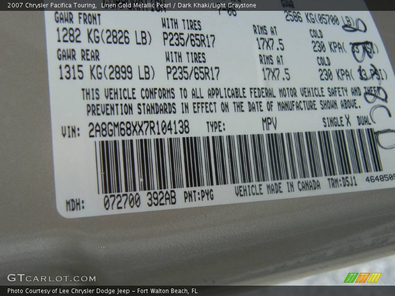 Linen Gold Metallic Pearl / Dark Khaki/Light Graystone 2007 Chrysler Pacifica Touring