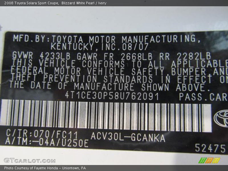 2008 Solara Sport Coupe Blizzard White Pearl Color Code 070