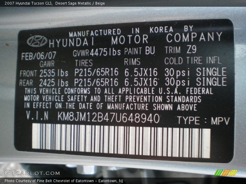 Desert Sage Metallic / Beige 2007 Hyundai Tucson GLS