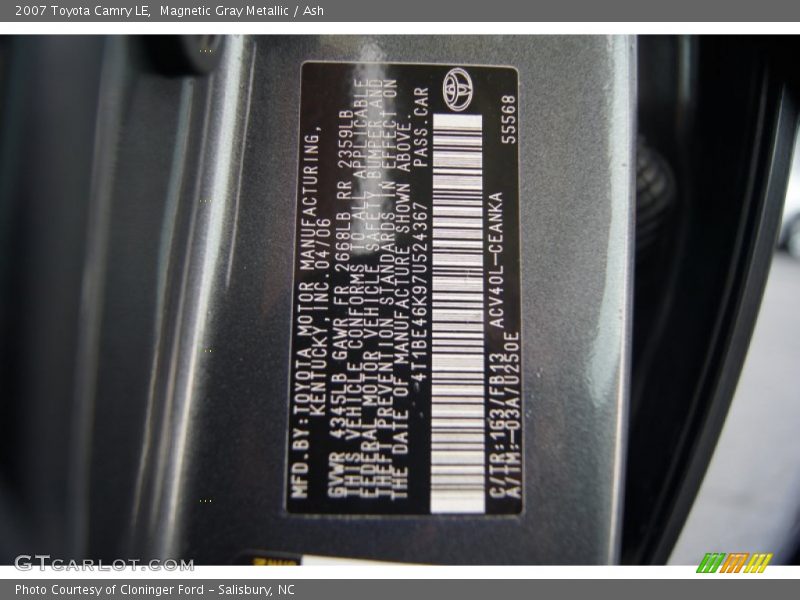 Magnetic Gray Metallic / Ash 2007 Toyota Camry LE