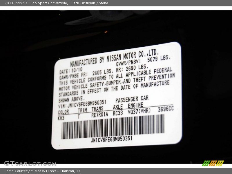 2011 G 37 S Sport Convertible Black Obsidian Color Code KH3