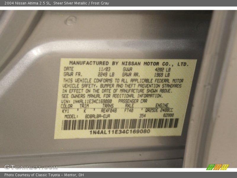 Sheer Silver Metallic / Frost Gray 2004 Nissan Altima 2.5 SL