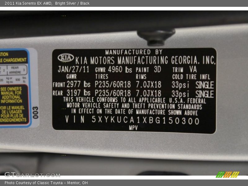 Bright Silver / Black 2011 Kia Sorento EX AWD